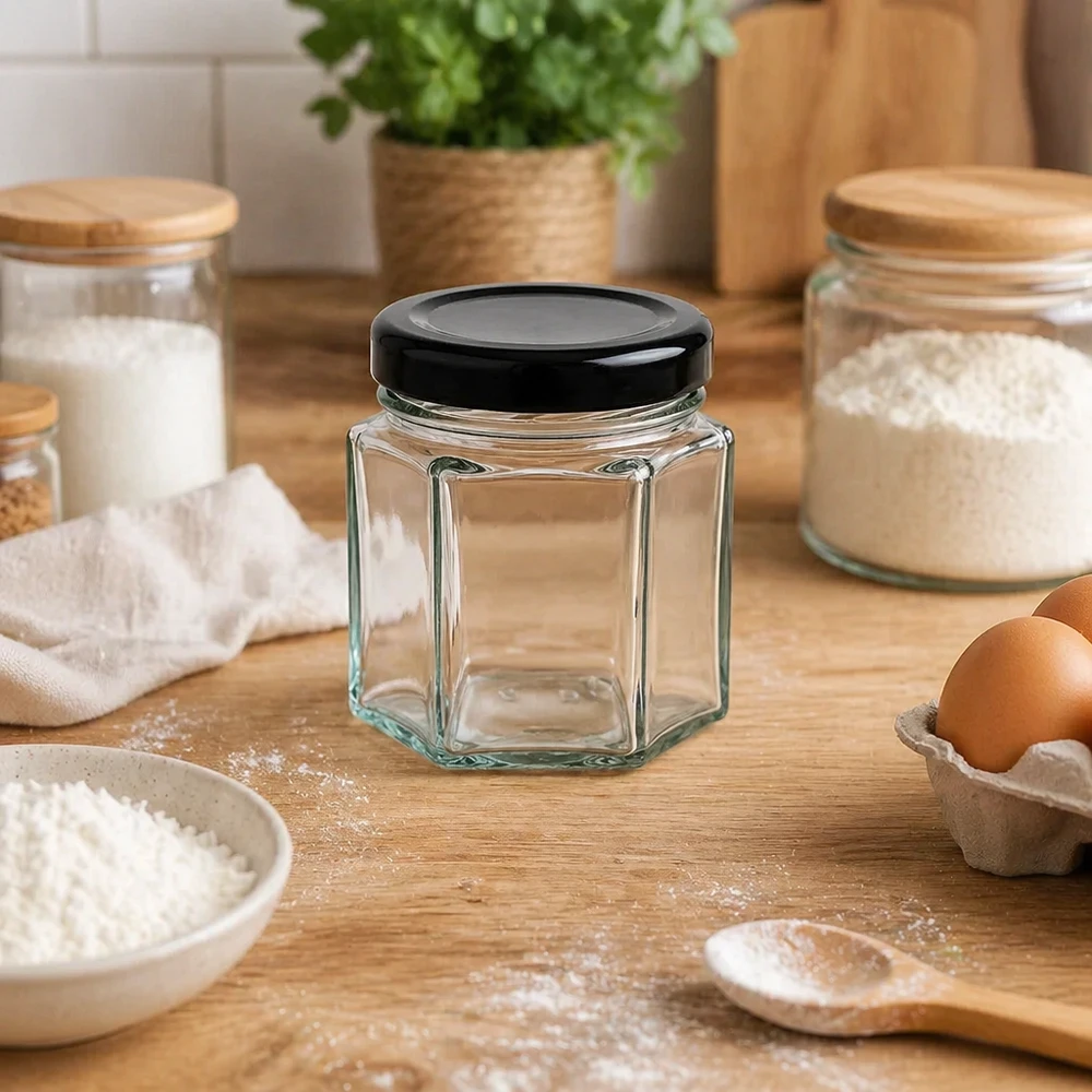 47ml Verre hexagonal avec couvercle BasicSeal noir UNiTWIST Bocal hexagonal de 47 ml avec couvercle noir dans la boulangerie entre la farine, les œufs et les bocaux à provisions sur le plan de travail en bois