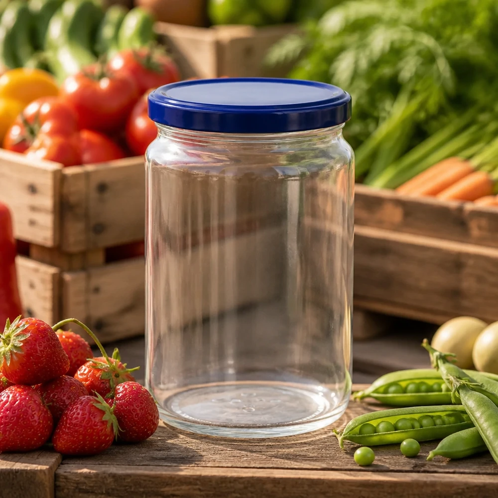 Bocal rond de 795 ml avec couvercle bleu BasicSeal UNiTWIST entouré de fruits et légumes frais sur une table en bois