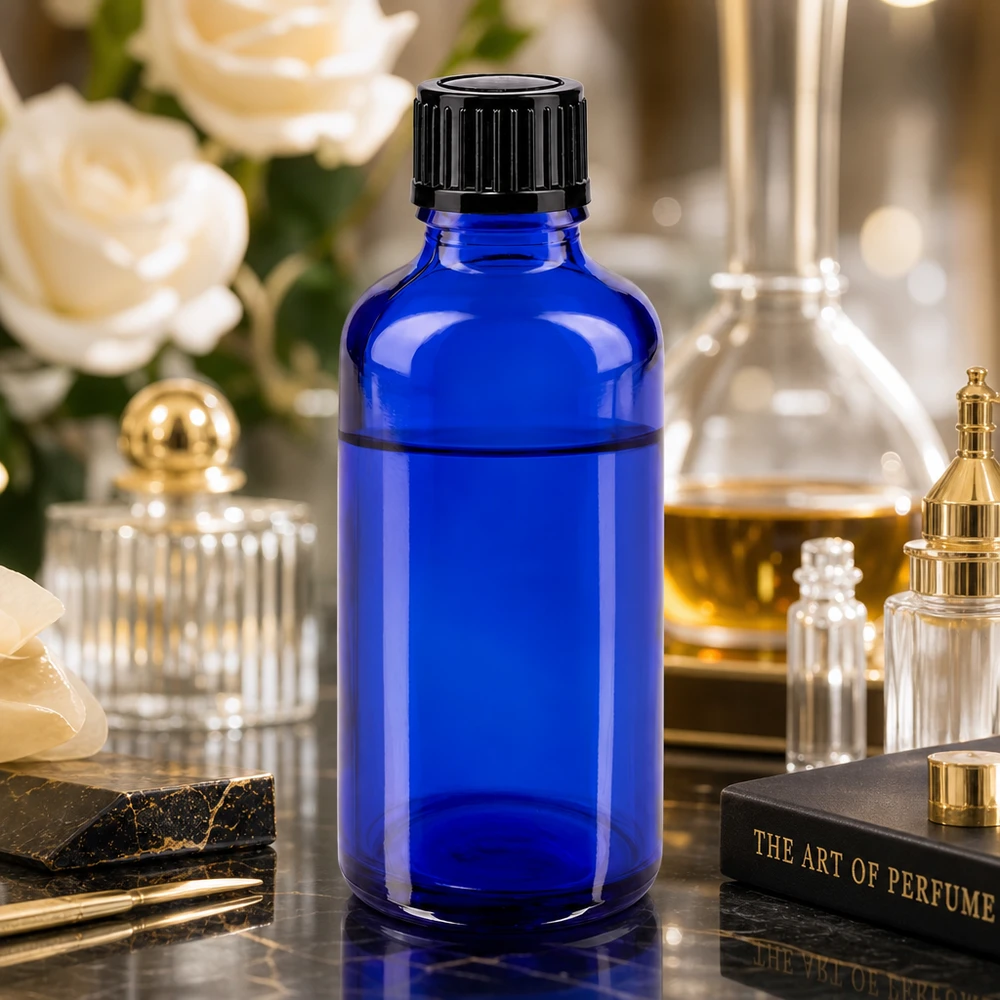 Flacon Apoflas de 50 ml bleu cobalt avec bouchon à vis noir, parmi une sélection de flacons de parfum raffinés