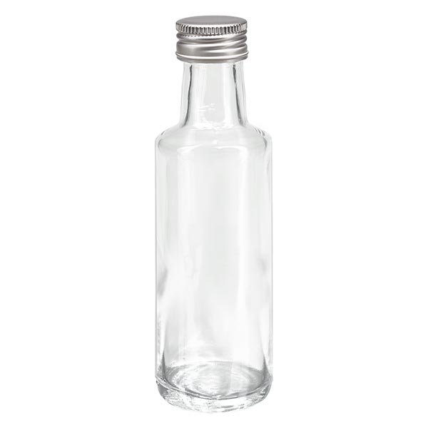 Bouteille à liqueur 100 ml ronde, en verre clair + capsule à vis argentée en aluminium (PP 24 mm) Bouteille à liqueur 100 ml ronde, en verre clair + capsule à vis argentée en aluminium (PP 24 mm)