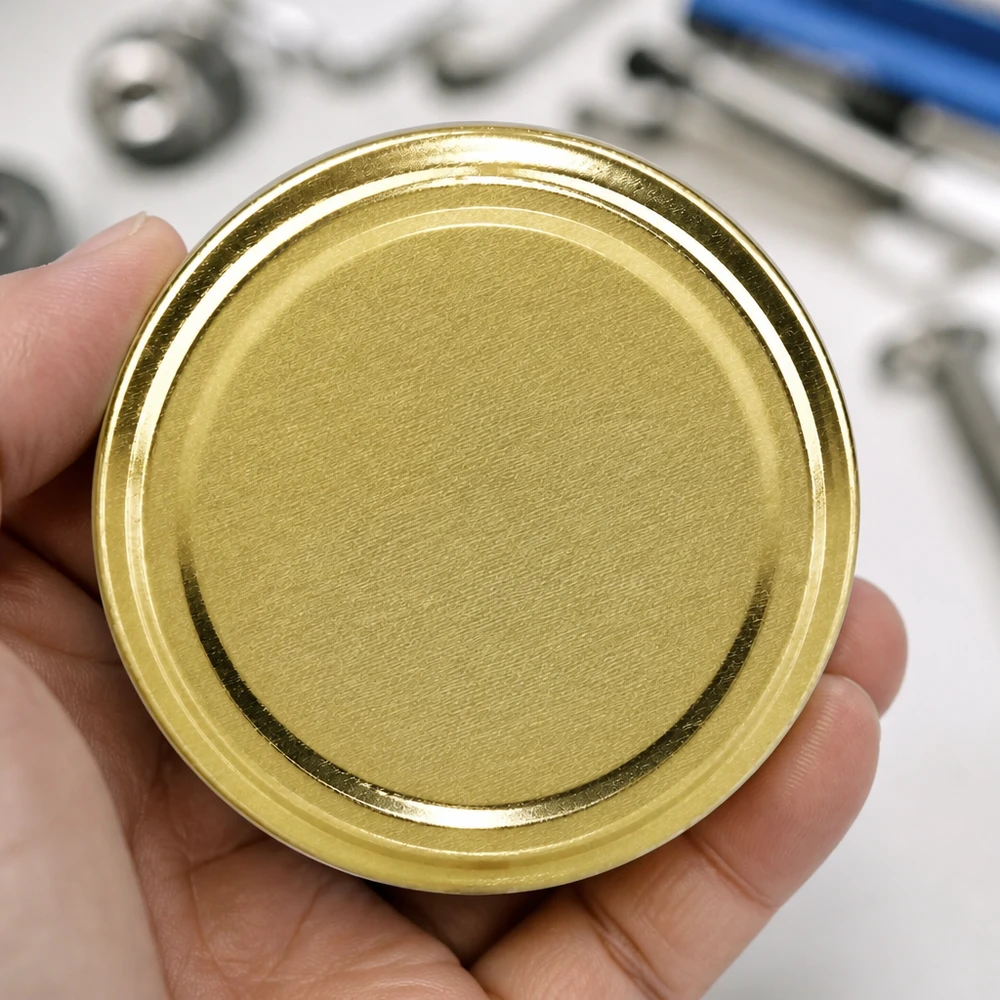 Couvercle BasicSeal TO82 doré, 82 mm – Comparaison de tailles dans la main d'un homme – Outil flou
