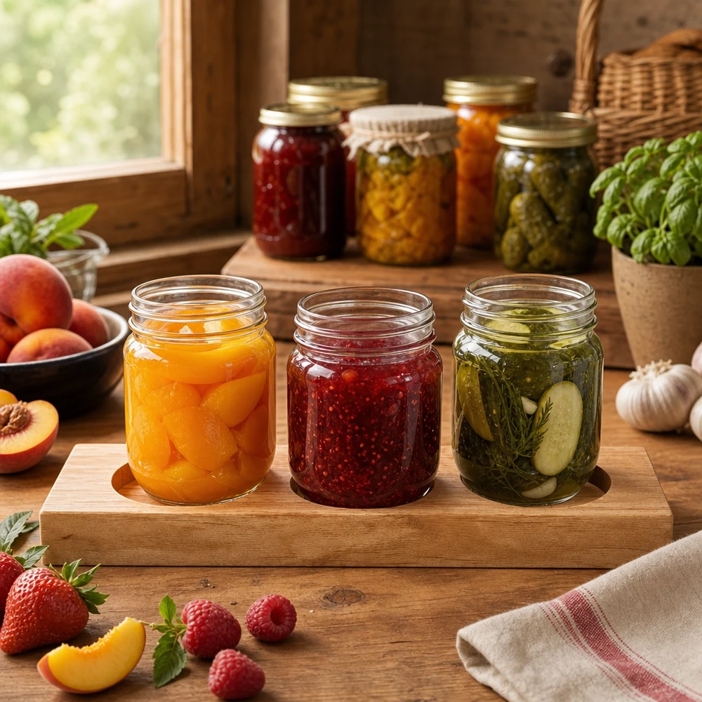 Planche de service Plano3 en bambou avec trois bocaux WECK remplis - confiture, pickles et pêches dans une cuisine rustique