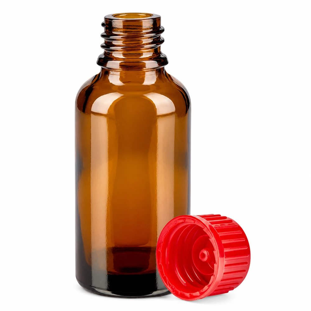 Flacon de 30ml 11mm SV rouge STD BrownLine UT18/30 Flacon pratique en verre brun de 30 ml avec ouverture de 11 mm et bouchon en plastique rouge