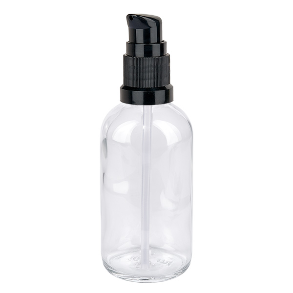 Flacon pompe 100ml noir STD ClearLine UT18/100 Flacon en verre de 100 ml avec pompe noire, série ClearLine, flacon de pharmacie transparent