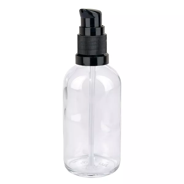 Flacon pompe 100ml noir STD ClearLine UT18/100 Flacon en verre de 100 ml avec pompe noire, série ClearLine, flacon de pharmacie transparent