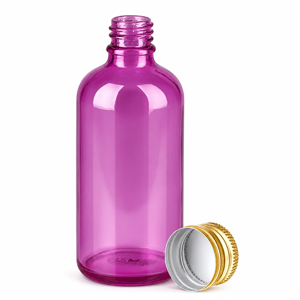 Flacon compact en verre violet de 100ml avec bouchon en aluminium pour l'aromathérapie et les cosmétiques naturels
