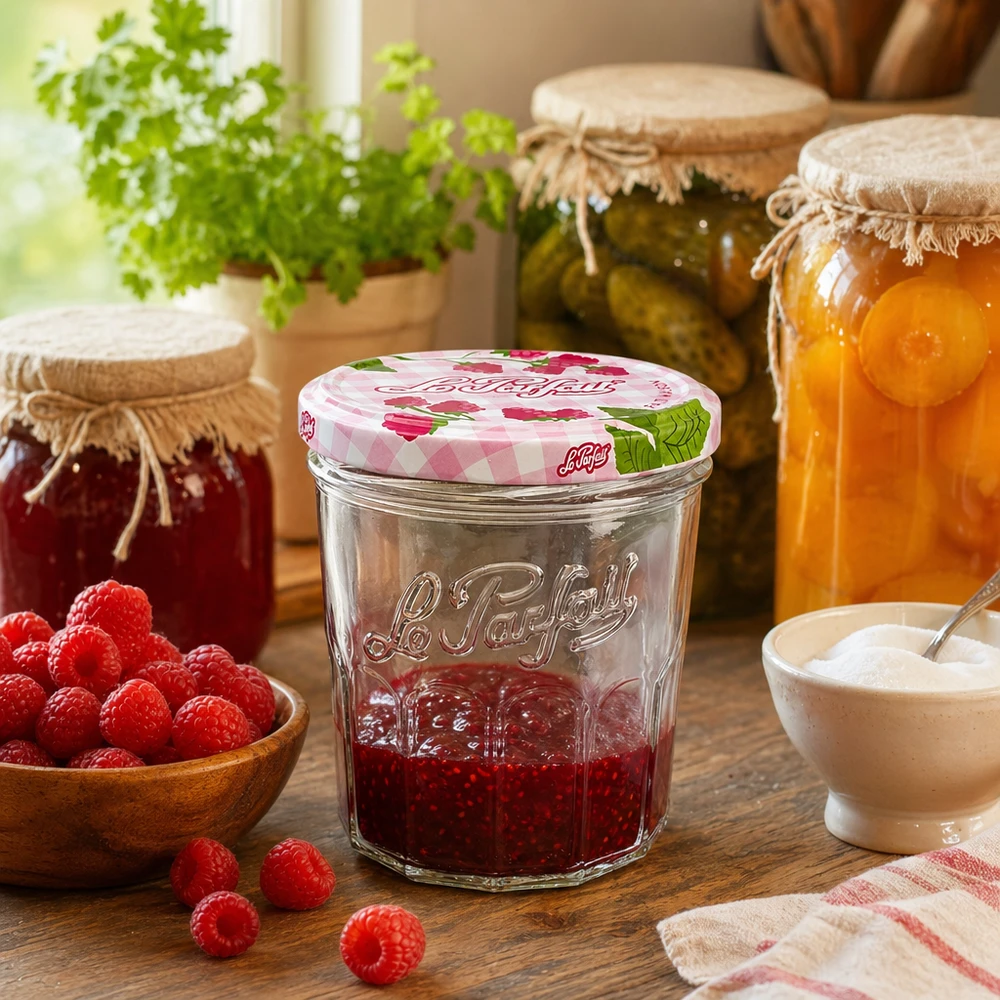 Le Parfait 324ml bocal de confiture de framboises dans cuisine rustique à côté d'autres bocaux et d'herbes aromatiques