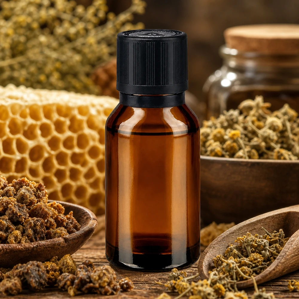 Flacon de pharmacie de 15 ml en verre ambré avec bouchon KiSi, posé à côté de la propolis et de la camomille sur un support en bois