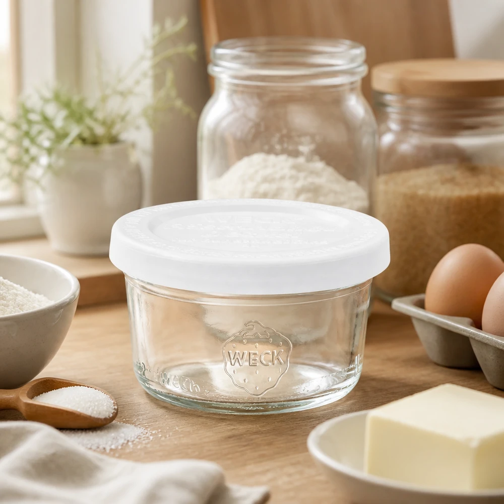 50ml bocal conique avec couvercle fraîcheur WECK RR60 50ml WECK Pot renversé RR60 avec couvercle fraîcheur dans une cuisine rustique entre les ingrédients de cuisson farine œufs et ustensiles en bois