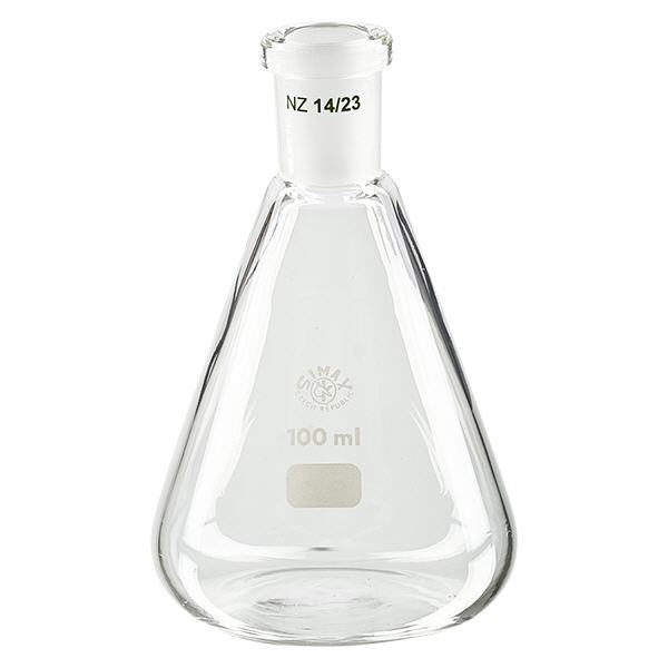 Erlenmeyer 100 ml col étroit, verre borosilicate avec rodage normalisé 14/23