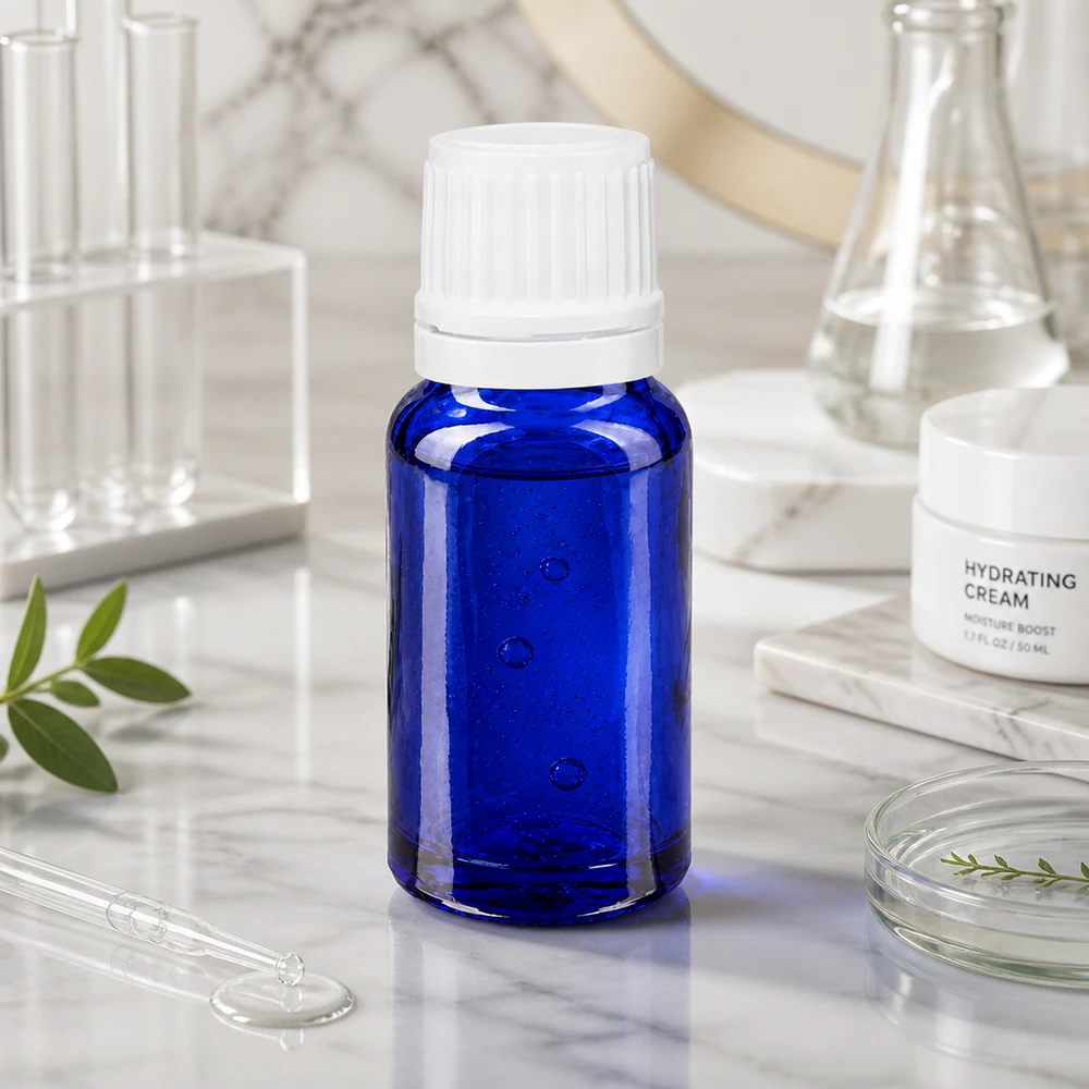 Flacon de pharmacie bleu 10ml bouchon vissable blanc bouchon d'inviolabilité Flacon de pharmacie de 10 ml en verre bleu avec bouchon OV blanc, destiné aux sérums et aux produits cosmétiques