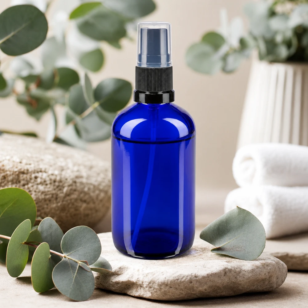 Flacon de pharmacie bleu 100ml embout spray noir Flacon pulvérisateur de pharmacie de 100 ml en verre bleu anti-UV, muni d'une tête de pulvérisation transparente et parfumé à l'eucalyptus