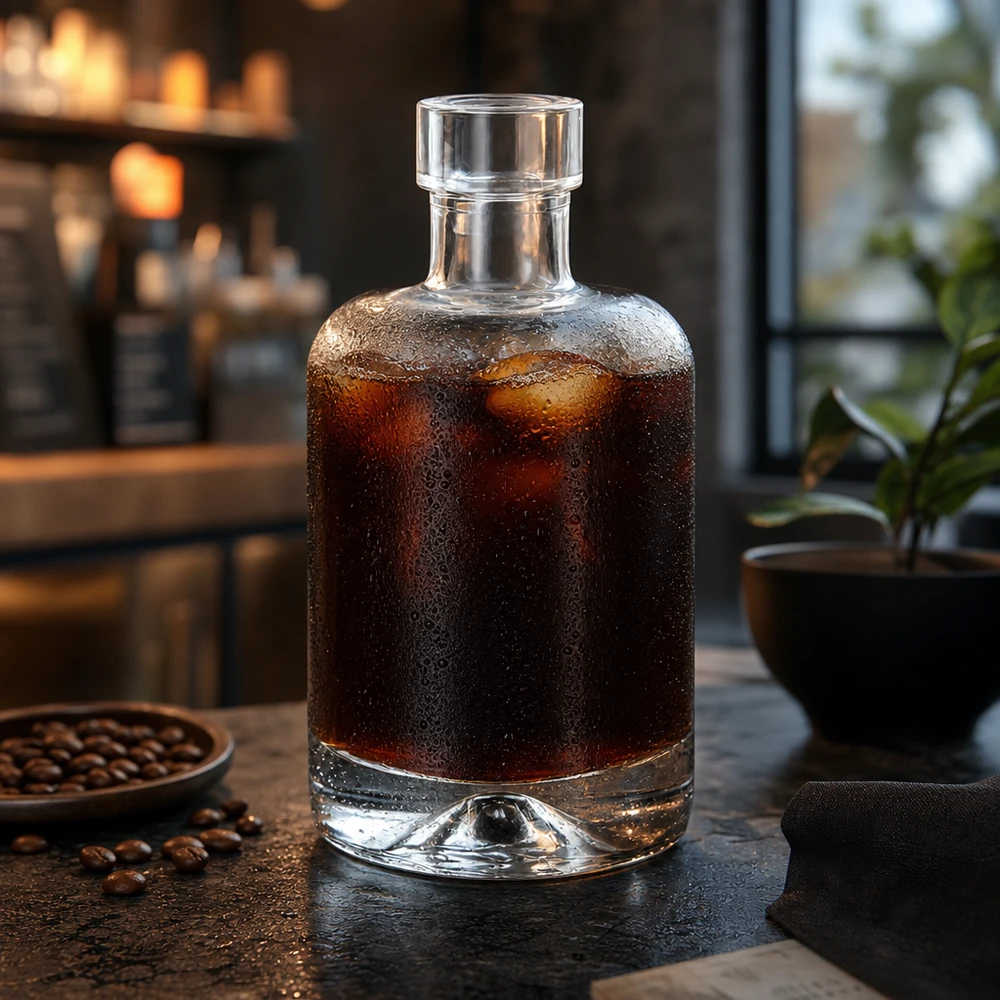 Flacon en verre 50 ml « 50ml Glasflasche "Amelie" ohne Verschluss UNiTWIST » sans bouchon UNiTWIST® Bouteille en verre de 50ml Amelie remplie de café Cold Brew à côté de grains de café montre l'utilisation pour les boissons et les spiritueux