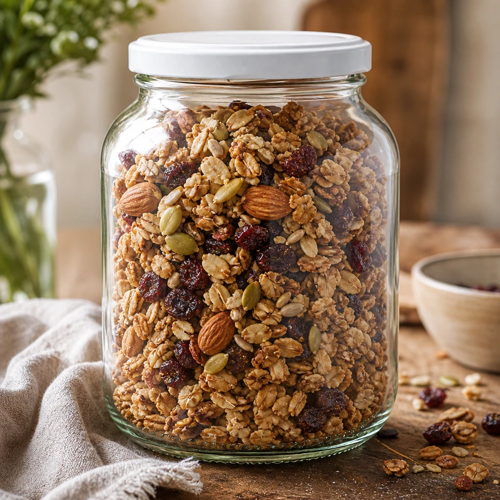 370ml Verre ovale avec couvercle BasicSeal blanc UNiTWIST 370ml Bocal ovale UNiTWIST avec couvercle blanc rempli de céréales Noix Fruits secs Granola Boîte à provisions Cuisine