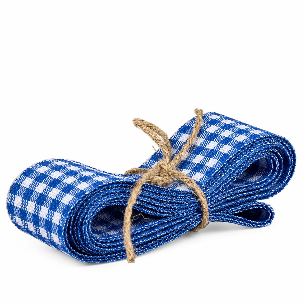 Ruban en tissu bleu et blanc pour la décoration, 300 cm Ruban de tissu bleu et blanc à carreaux 300cm de long enroulé et lié avec de la ficelle de jute pour la décoration et le bricolage