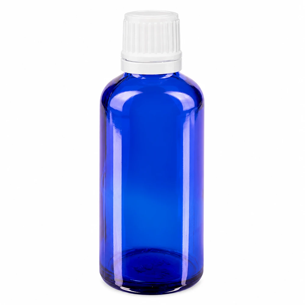 Flacon à pharmacie bleu 50ml bouchon inviolable 1.2mm blanc bouchon d'inviolabilité Flacon compte-gouttes bleu de 50 ml en verre de pharmacie, muni d'un bouchon à vis blanc à l'épreuve des enfants