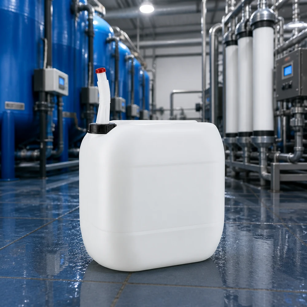 Bidon en plastique empilable de 30 litres, avec goulotte de remplissage flexible et bouchon rouge, de couleur blanche