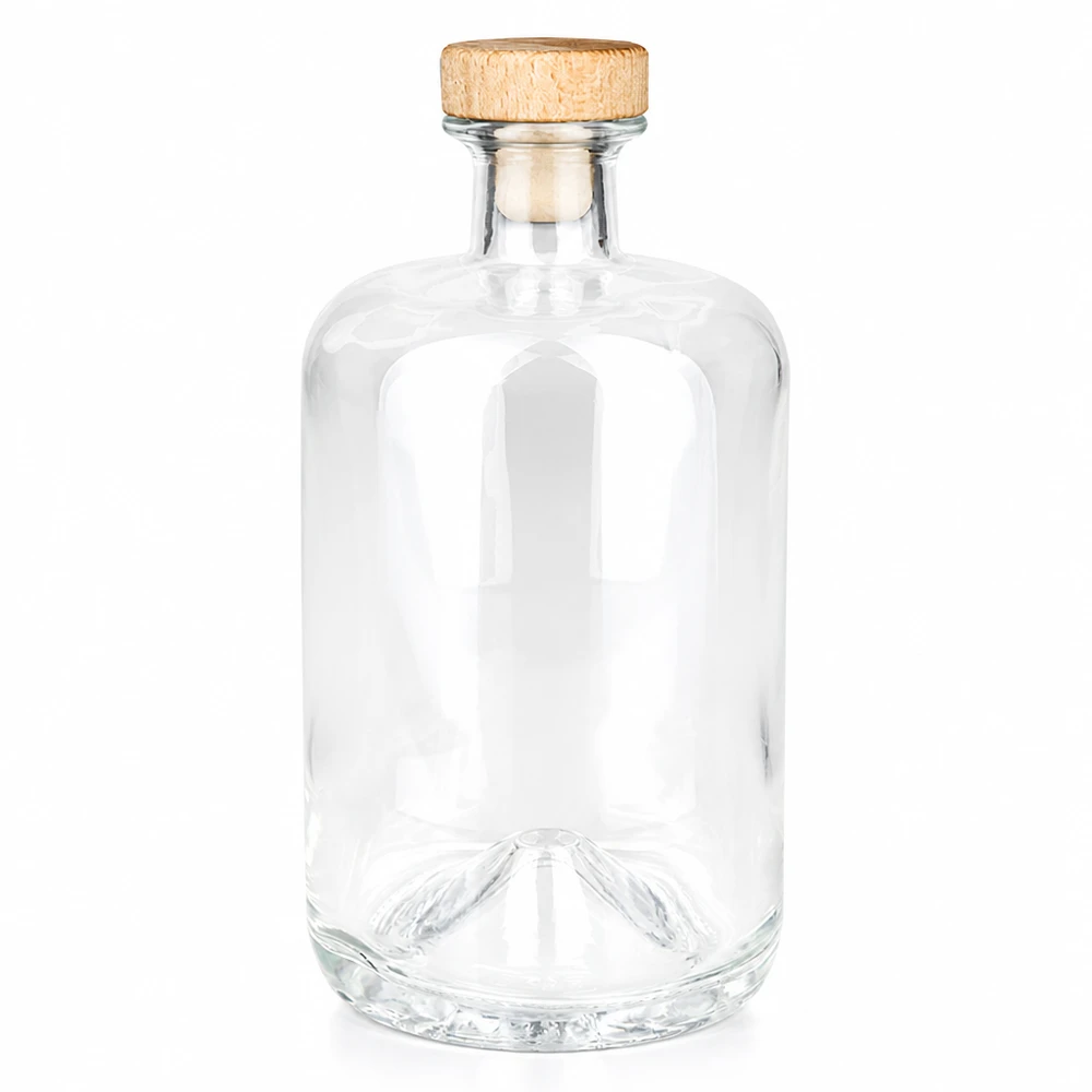 Flacon à pharmacie 700 ml « Sofia » avec bouchon en bois UNiTWIST® Bouteille en verre Sofia de 700 ml avec bouchon à poignée en bois UNiTWIST transparent vide sur fond blanc