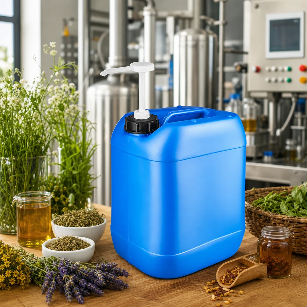 Bidon en HDPE de 20 L, adapté au contact alimentaire, avec pompe de distribution pour huiles, extraits et cosmétiques naturels