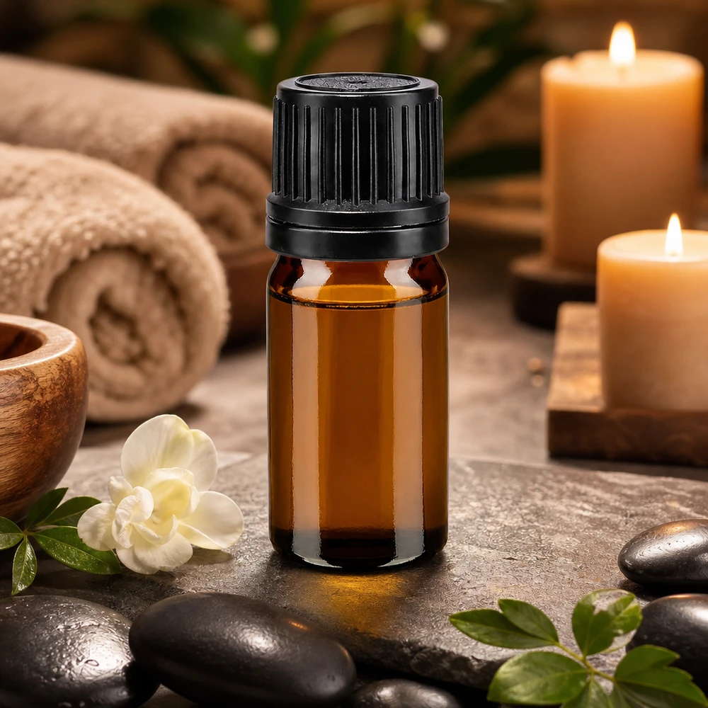 Flacon de pharmacie brun 5ml bouchon vissable noir bague de coulée bouchon d'inviolabilité Petit flacon de pharmacie de 5 ml en verre ambré avec bouchon noir strié, dans une ambiance spa