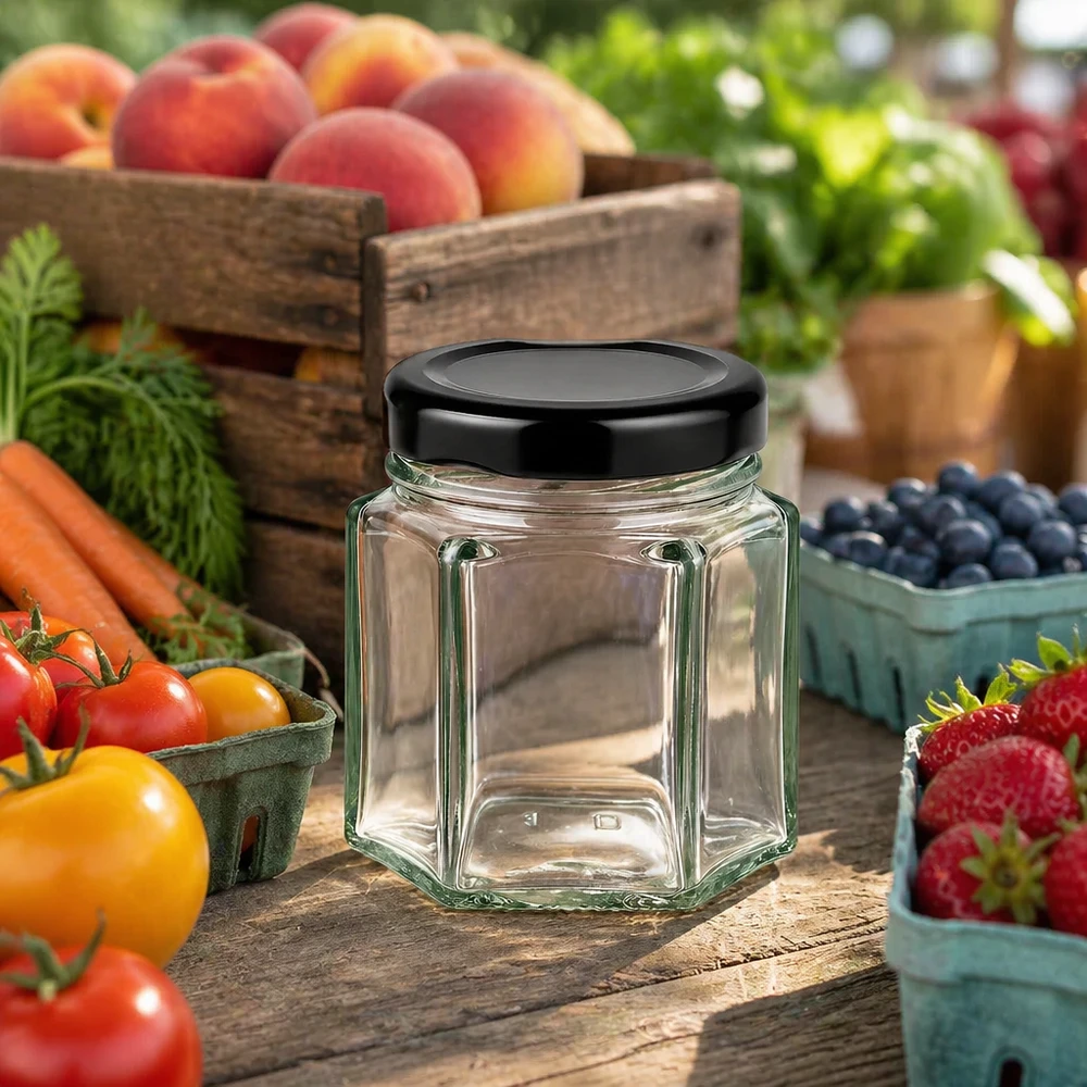 Bocal hexagonal vide de 47 ml avec couvercle noir sur table en bois entourée de fruits et légumes frais dans un décor champêtre