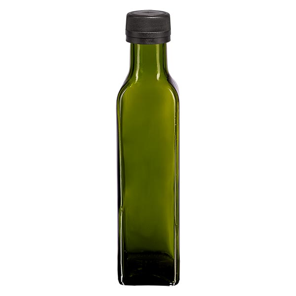 Bouteille d'huile 250 ml carrée, vert olive + capsule à vis noire (PP 31,5 mm), bague anti-gouttes et système d'inviolabilité Bouteille d'huile 250 ml carrée, vert olive + capsule à vis noire (PP 31,5 mm), bague anti-gouttes et système d'inviolabilité