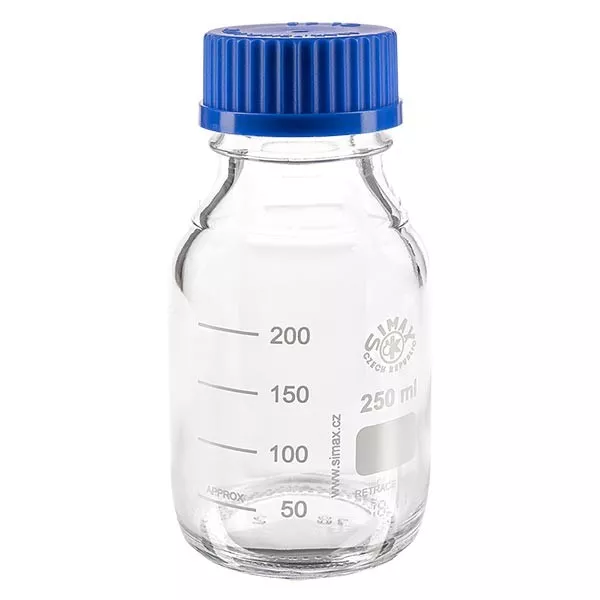 Bouteille à vis de laboratoire 250 ml + bouchon bleu + bague