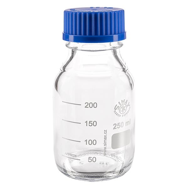 Bouteille à vis de laboratoire 250 ml + bouchon bleu + bague Bouteille à vis de laboratoire 250 ml + bouchon bleu + bague