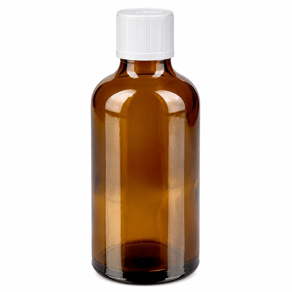 Flacon de pharmacie en verre ambré de 50 ml avec bouchon à vis blanc de 11 mm et sécurité enfant