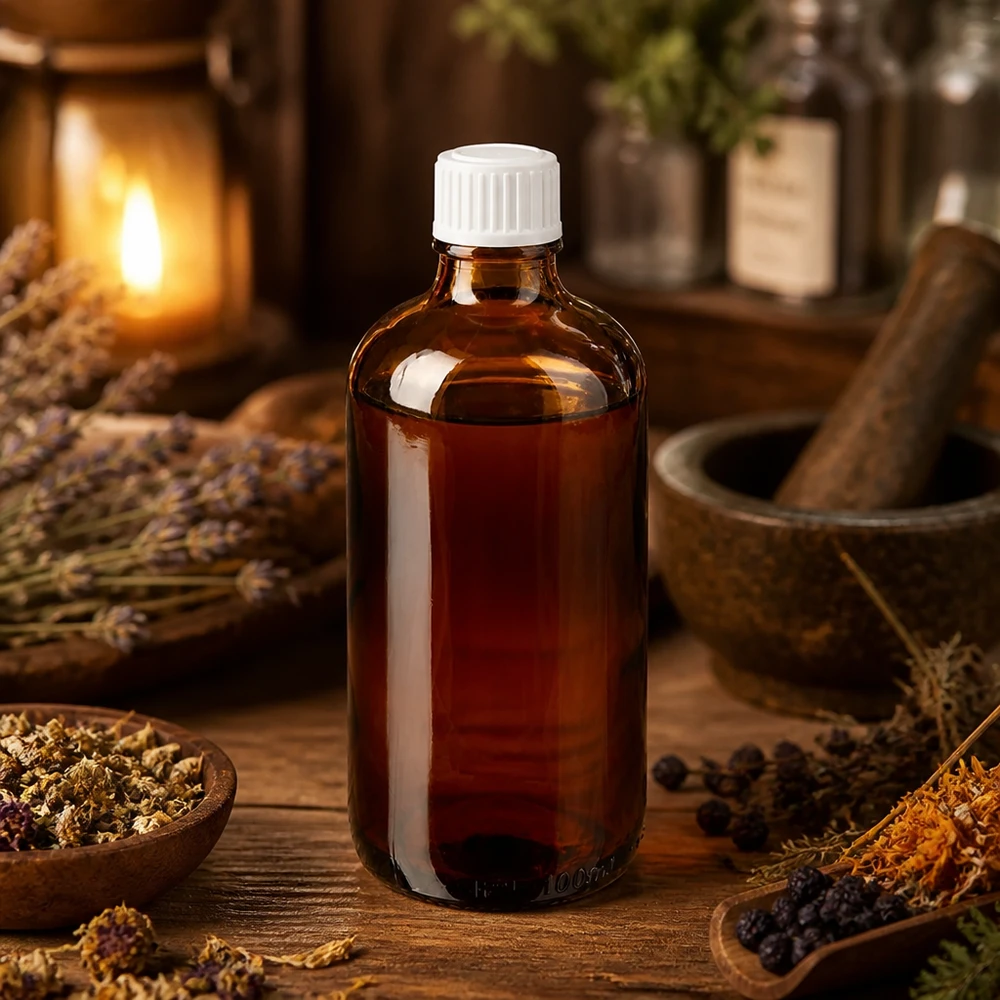 Flacon de pharmacie cylindrique de 100 ml en verre ambré, muni d'un bouchon blanc rainuré, dans un décor inspiré de la médecine naturelle