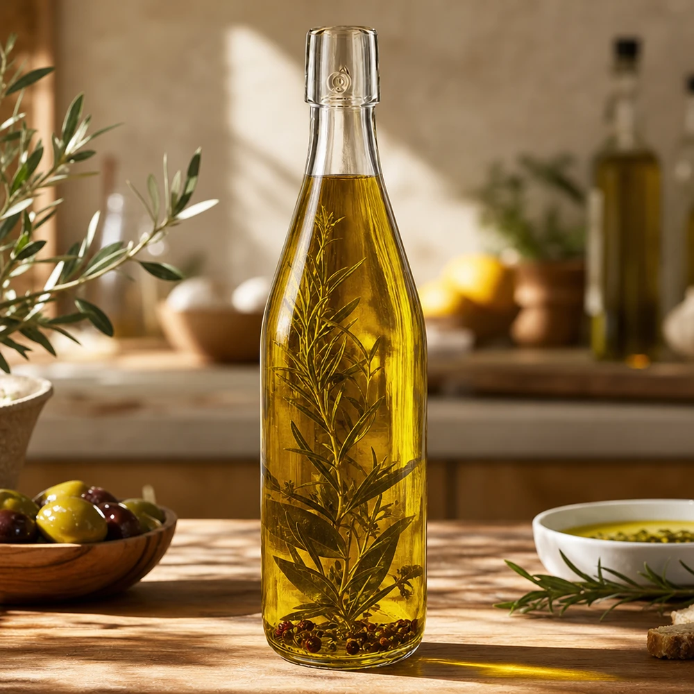 Bouteille en verre de 500 ml UNiTWIST remplie d'huile d'olive et d'herbes aromatiques dans la cuisine méditerranéenne comme exemple d'utilisation
