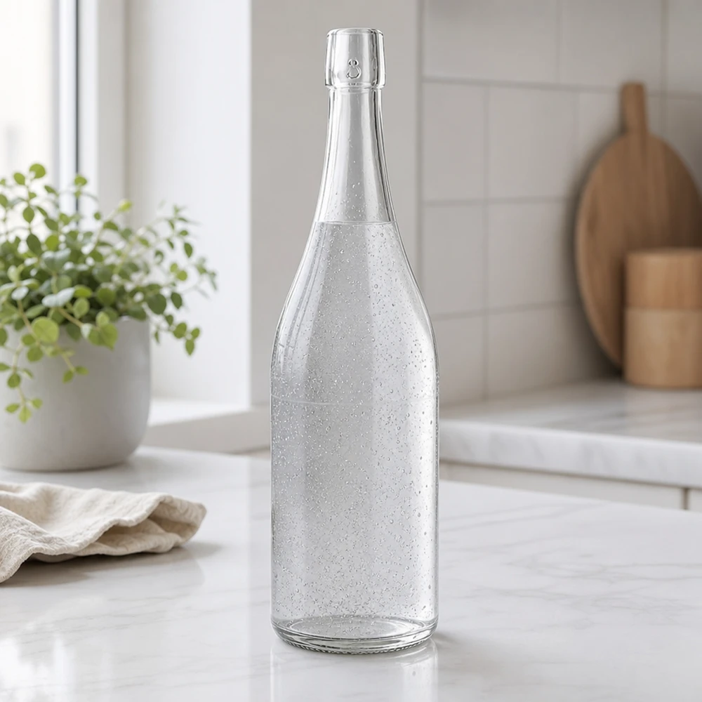 Bouteille en verre de 750 ml sans bouchon mécanique UNiTWIST Bouteille en verre de 750ml UNiTWIST remplie d'eau gazeuse cuisine moderne plan de travail en marbre blanc Ambiente