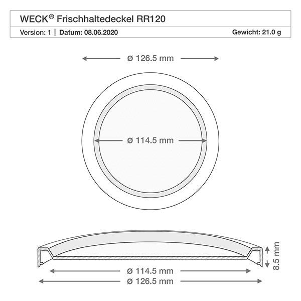Couvercle fraîcheur WECK RR120 Dessin technique WECK couvercle de conservation RR120 avec dimensions 126,5mm diamètre extérieur 114,5mm diamètre intérieur