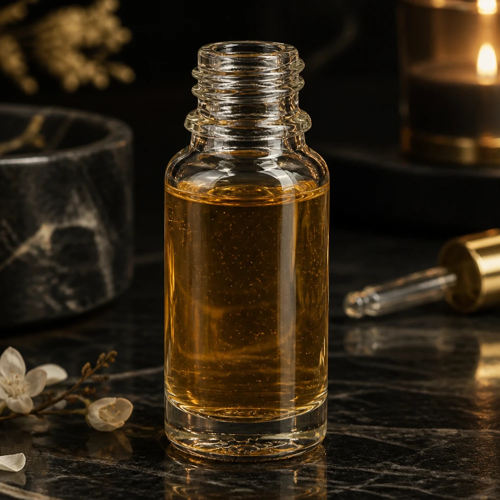 Petit flacon en verre transparent de 10 ml rempli d'huile dorée, sur fond de marbre noir