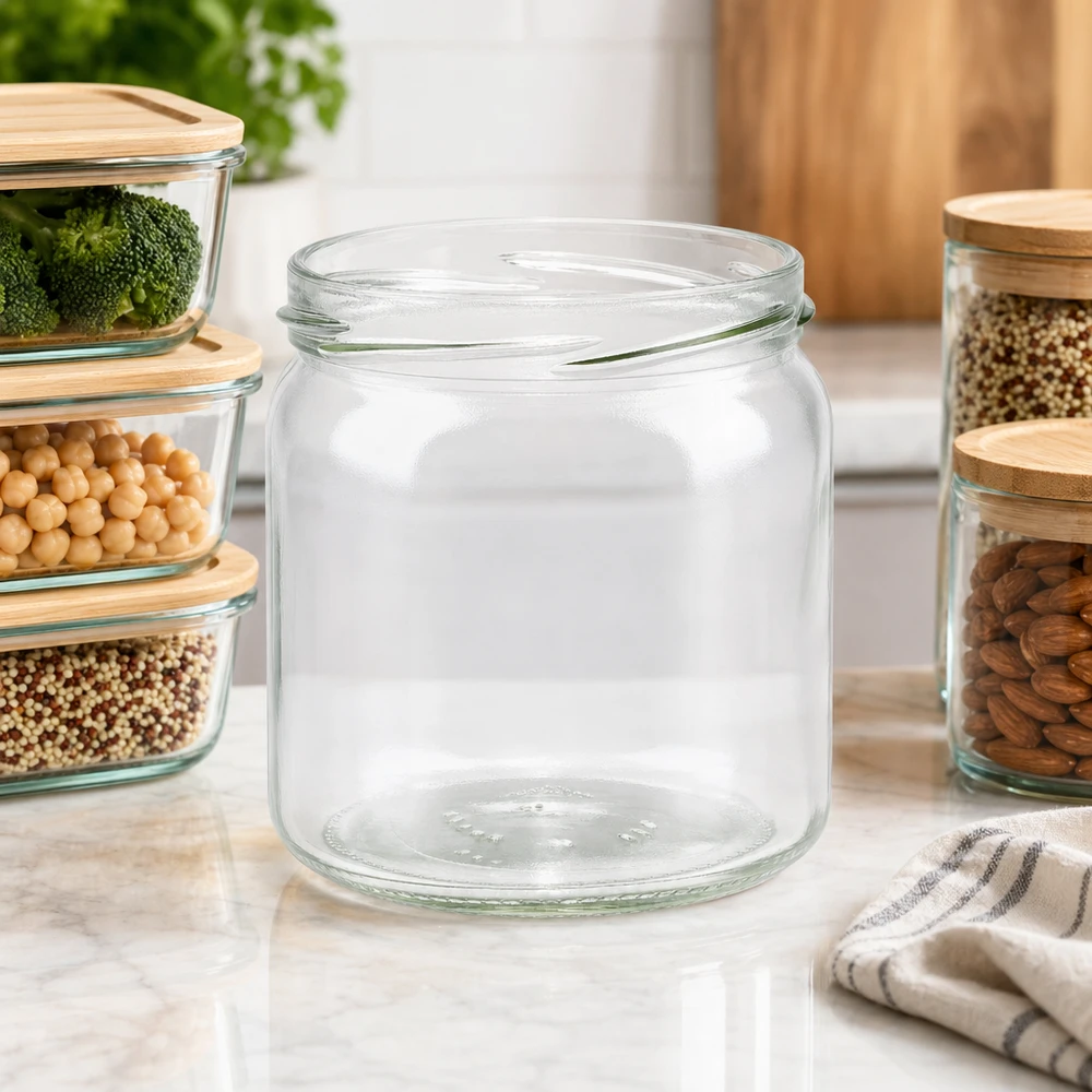 UNiTWIST Runda408 Verre rond vide 408ml TO82 sur plan de travail de cuisine avec bocaux à provisions et noix comme accessoires de cuisine