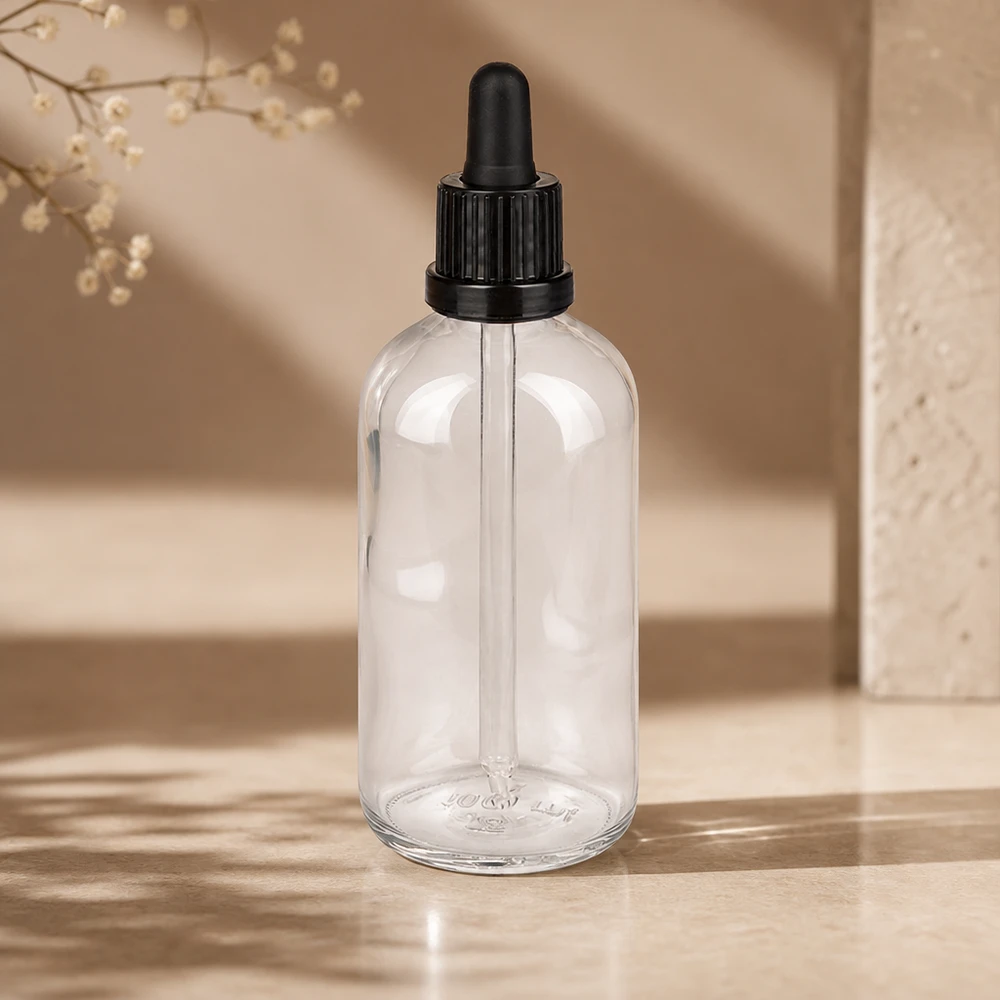 Flacon compte-gouttes de 100 ml en verre transparent, forme « Boston Round », bouchon pipette noir ClearLine UT18