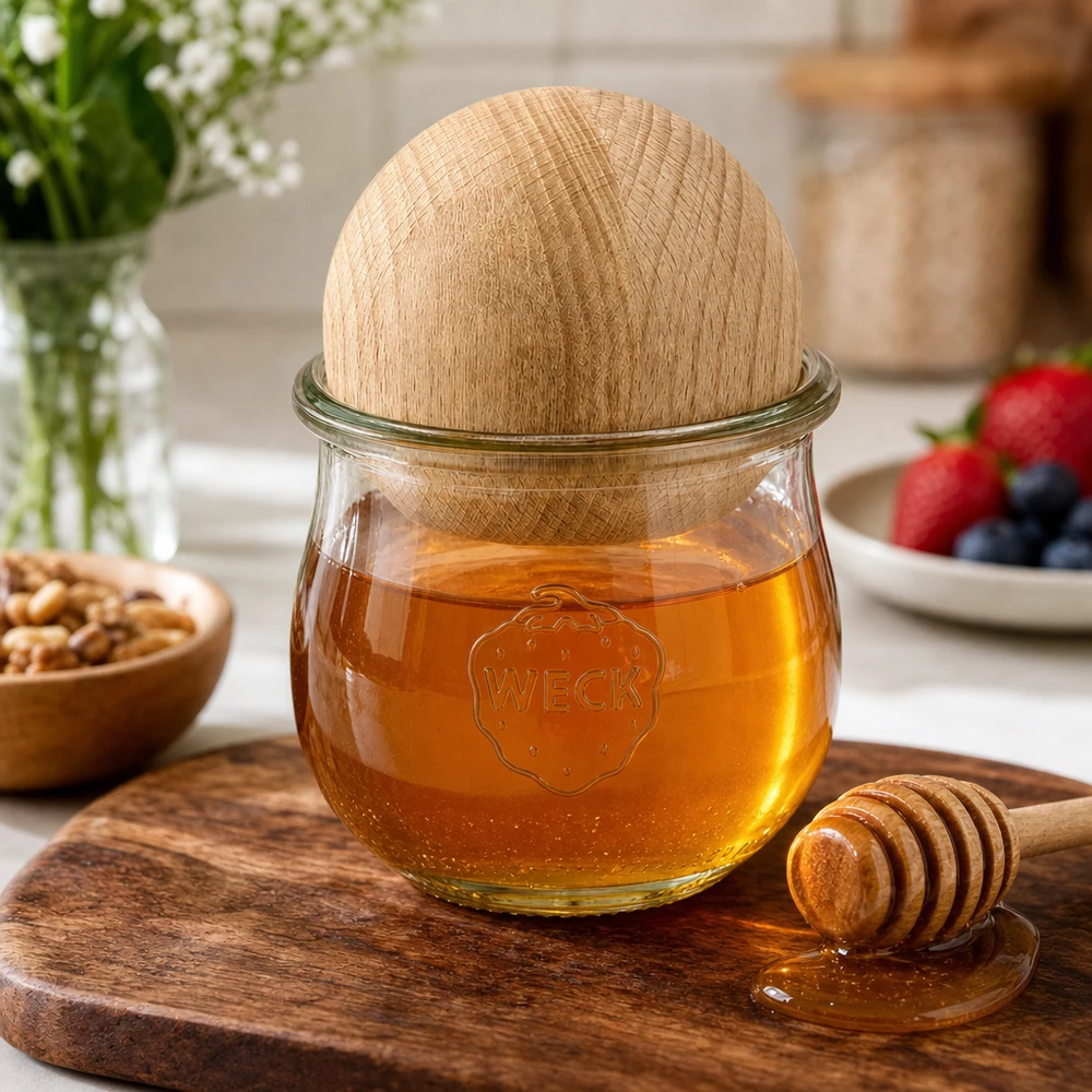 370ml bocal tulipe WECK RR80 avec boule en bois en hêtre WECK Pot tulipe RR80 370ml avec boule en hêtre comme pot à miel avec cuillère à miel sur planche en bois dans la cuisine naturelle