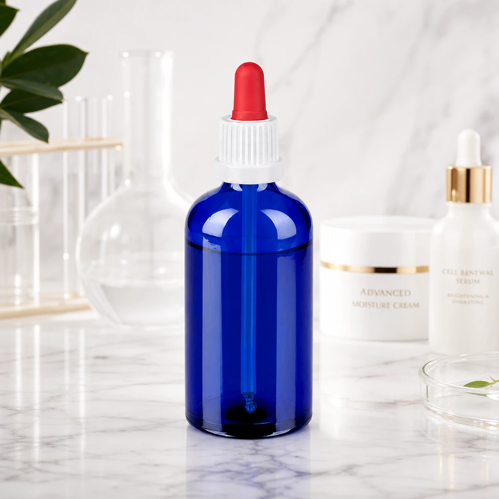 Flacon à pipette 100ml blanc/rouge OV BlueLine UT18/100 Bouteille à pipette de 100 ml soufflée à la bouche avec finition mate et surface antidérapante