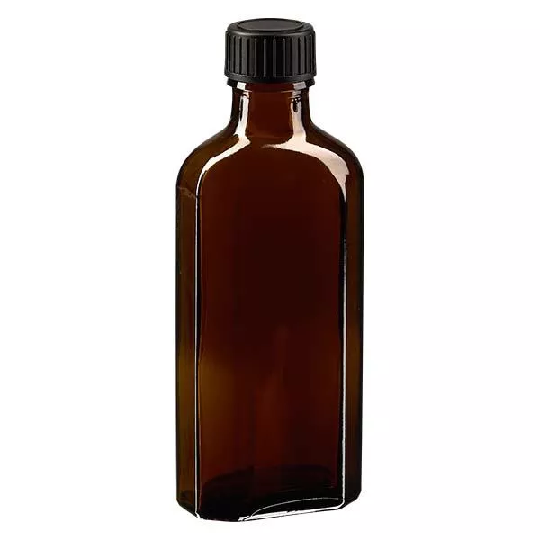 Flasque brune de 100 ml au goulot DIN 22, avec bouchon à vis DIN 22 noir et joint PEE
