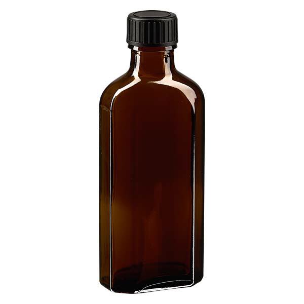 Flasque brune de 100 ml au goulot DIN 22, avec bouchon à vis DIN 22 noir et joint PEE Flasque brune de 100 ml au goulot DIN 22, avec bouchon à vis DIN 22 noir et joint PEE