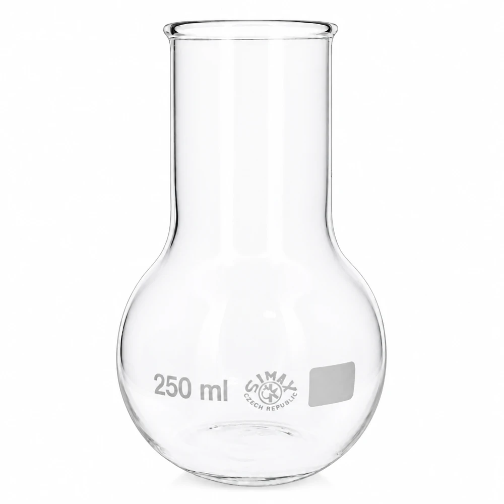 Ballon à fond plat 250 ml à col large, en verre borosilicate avec bord renforcé Fiole de laboratoire 250ml transparente avec graduation pour une détermination exacte du volume dans l'analyse
