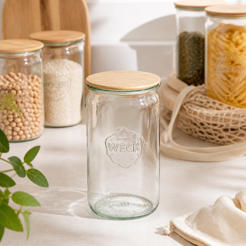 340ml bocal cylindrique WECK RR60 avec couvercle en bois WECK Pot cylindrique 340ml RR60 vide transparent avec couvercle en bois dans un équipement de cuisine moderne avec bocaux à provisions