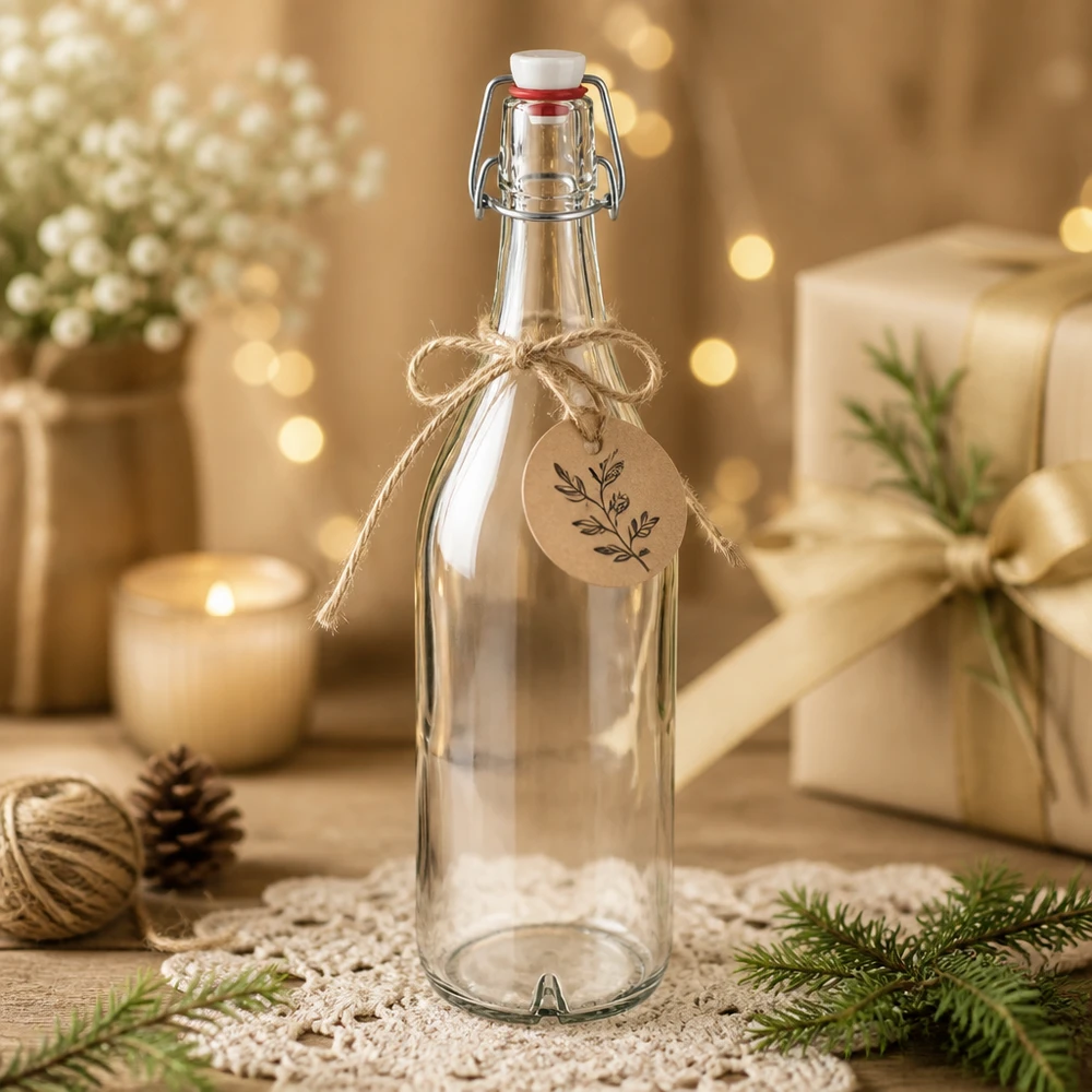 Bouteille en verre 1000ml bouchon à étrier PVC décoré pour Noël avec étiquette cadeau style rustique décoration d'hiver