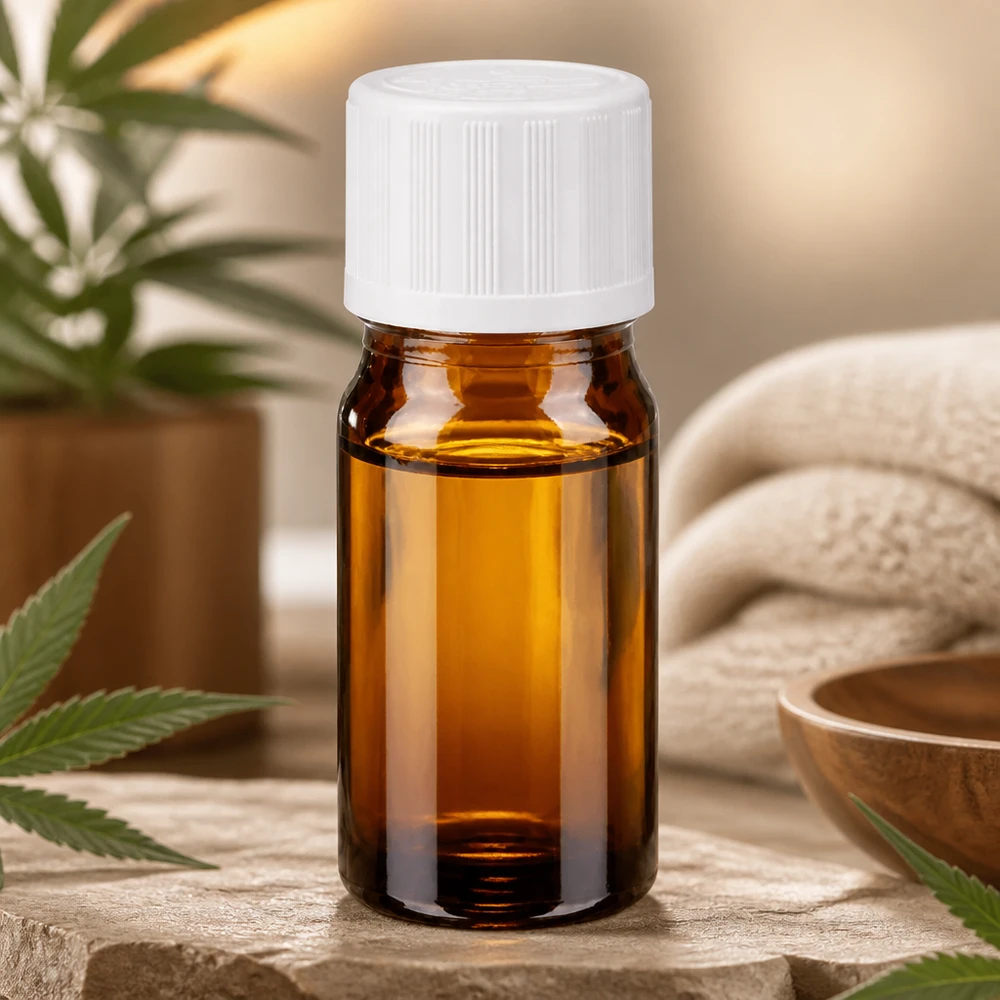 Flacon de pharmacie brun 5ml bouchon compte-gouttes blanc sécurité enfant standard Petite bouteille en verre brun de 5 ml avec compte-gouttes de 1,2 mm, dans un cadre de bien-être apaisant avec un bol en bois