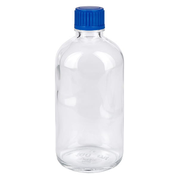 Flacon de 100ml 11mm SV bleu STD ClearLine UT18/100 Flacon en verre de 100 ml avec bouchon à vis bleu ClearLine UT18, en verre transparent