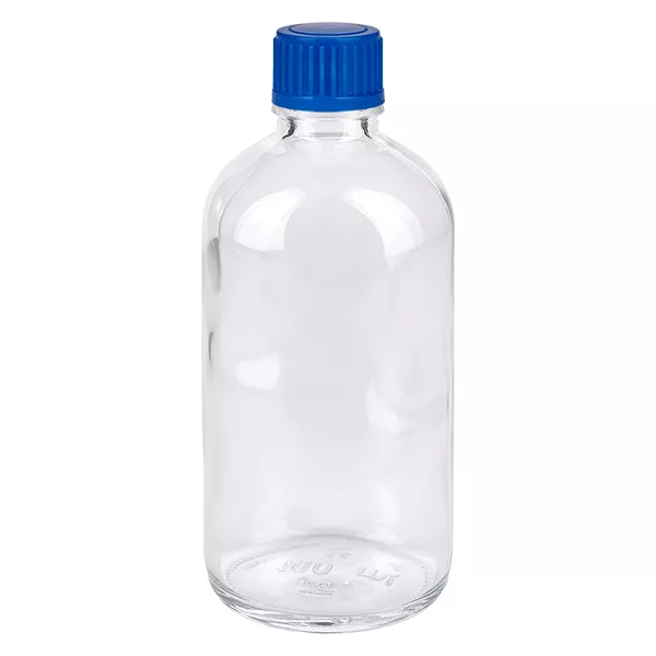 Flacon de 100ml 11mm SV bleu STD ClearLine UT18/100 Flacon en verre de 100 ml avec bouchon à vis bleu ClearLine UT18, en verre transparent