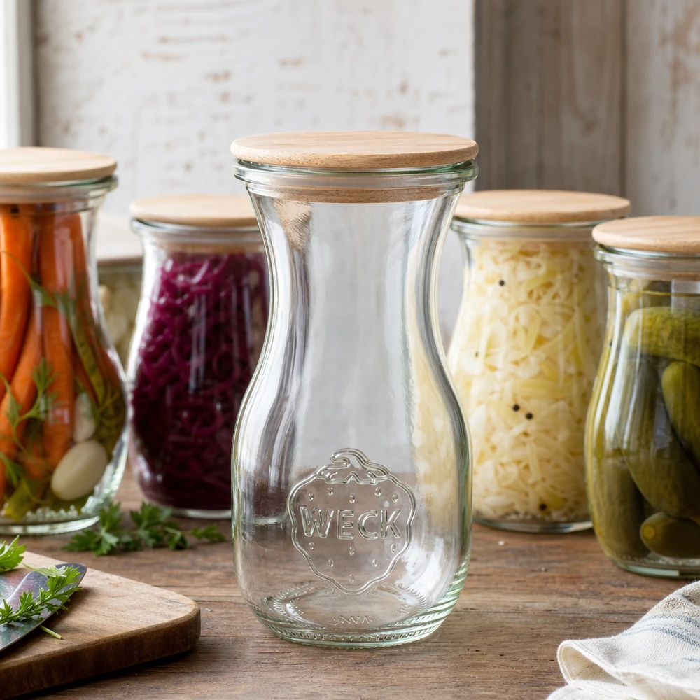 WECK Bouteille de jus 290ml avec couvercle en bois entourée de bocaux colorés avec légumes marinés sur table en bois