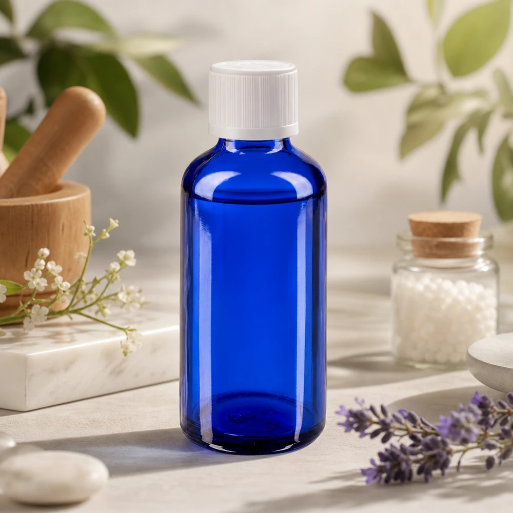 Flacon à pharmacie bleu 50ml bouchon anti-goutte blanc séc. enf. std Flacon compte-gouttes bleu cobalt de 50 ml avec embout de 1,2 mm, posé sur du marbre dans un décor naturel aux accents herbacés