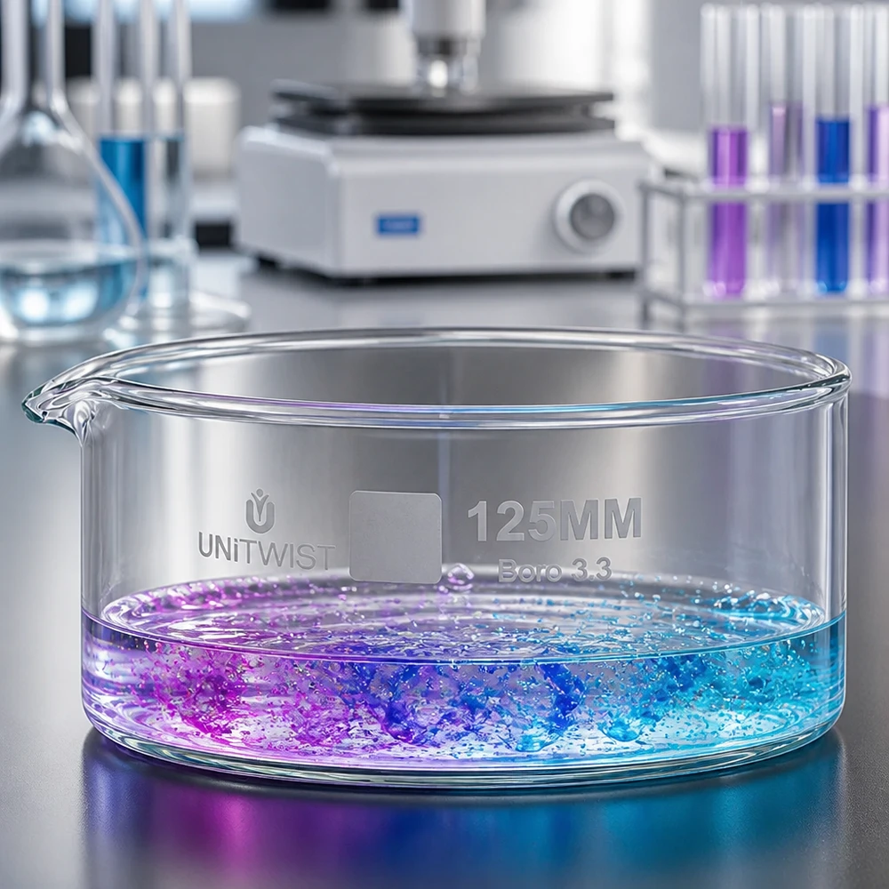 Coupelle de cristallisation en verre borosilicaté UNiTWIST 125 mm contenant une solution chimique moussante de couleur bleu-violet