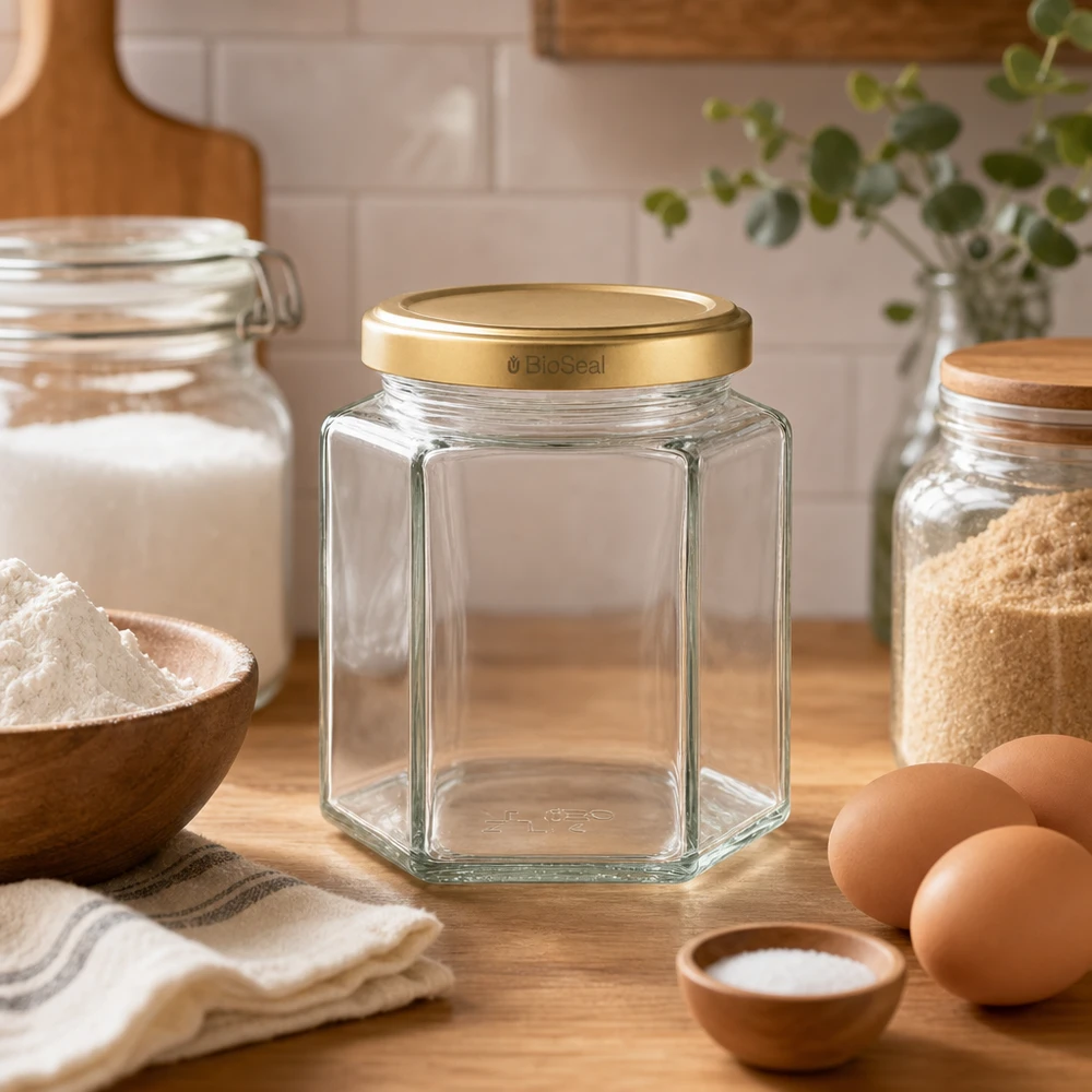 390ml Verre hexagonal avec couvercle BioSeal or UNiTWIST UNiTWIST Hexa390 bocal de stockage vide avec couvercle BioSeal doré dans la cuisine avec des ingrédients de boulangerie farine œufs et épices